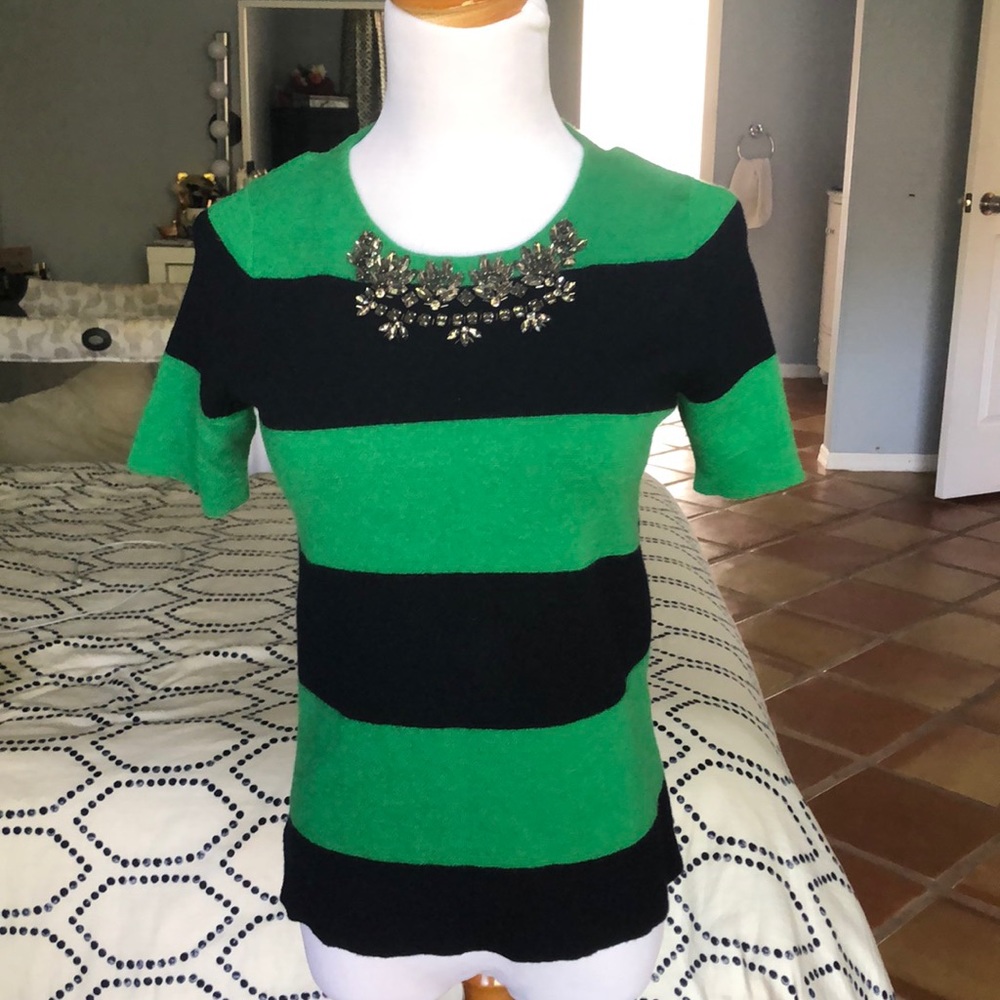 J Crew green & navy jeweled top